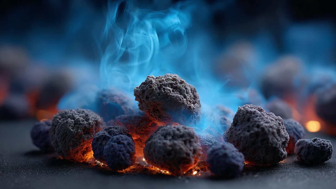 Captivating Flames and Mysterious Smoke Emanate from Uniquely Shaped Rocks in a Dynamic Display of Heat and Colorful Emissions, Creating an Enchanting Visual Experience