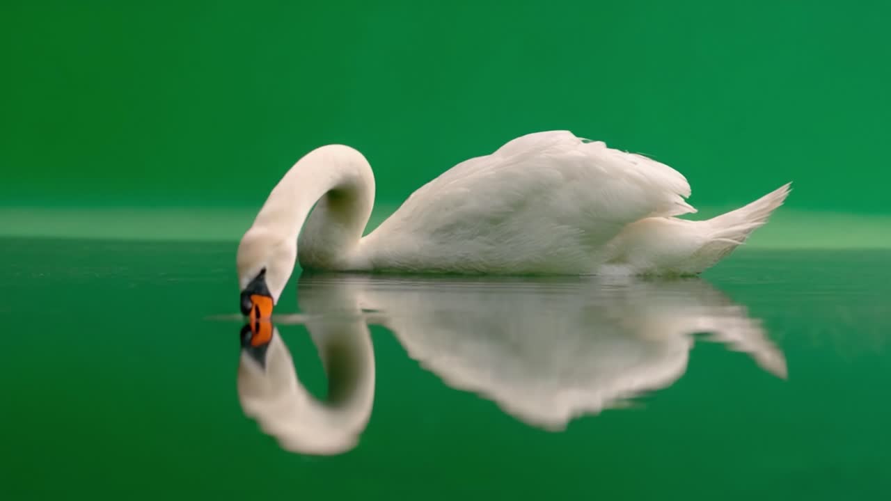 En elegant svan glider genom lugna vatten, visar upp sin graciösa hållning och fantastiska reflektion mot en livfull grön bakgrund.