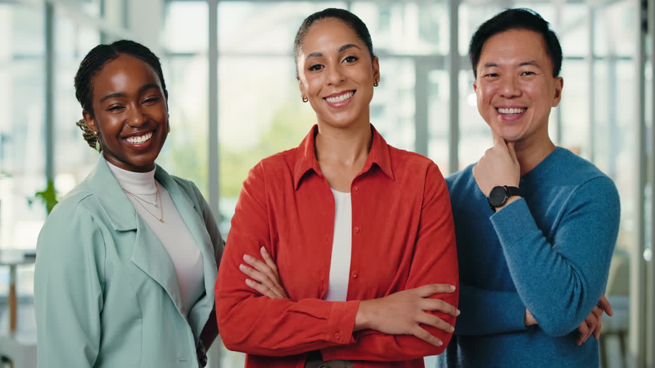 Diverse Business Team Smiling Confidently in a Modern Office