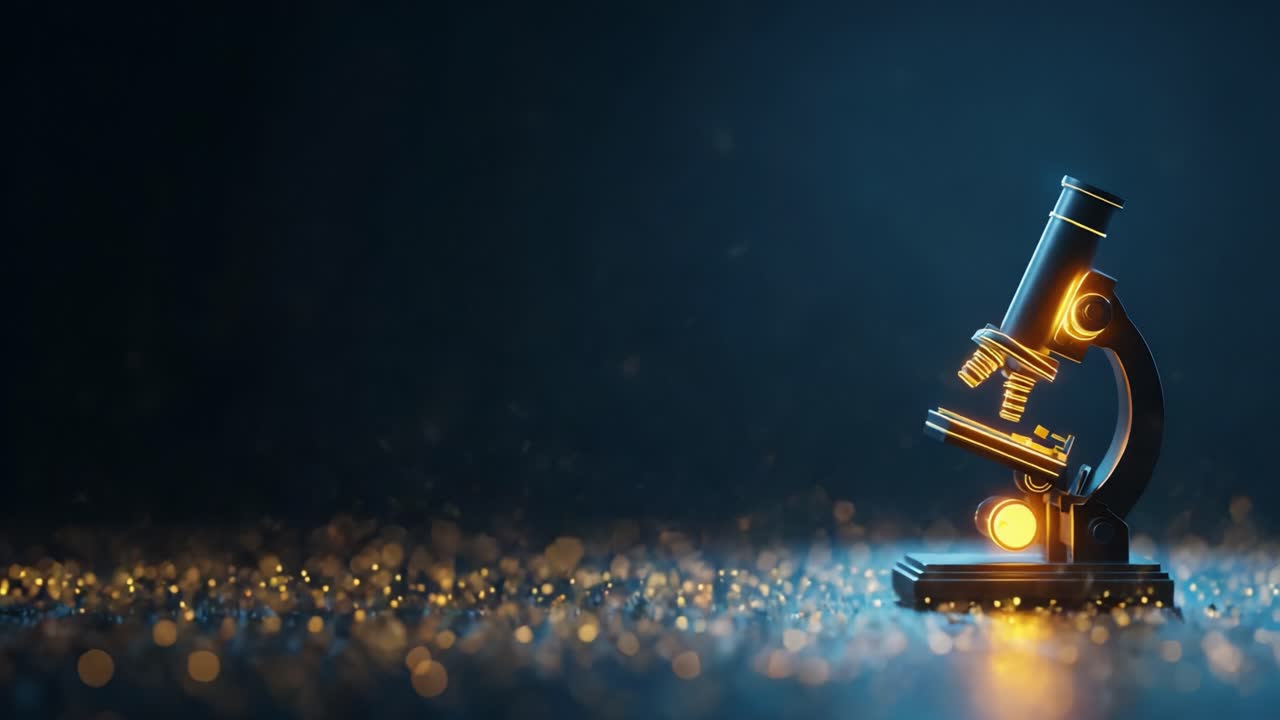 Karanlık bir arka plana karşı altın ışıklarla aydınlatılmış, büyüleyici bir görsel şölen içinde bilimsel keşif ve buluşun özünü mükemmel bir şekilde yakalayan çarpıcı bir Mikroskop