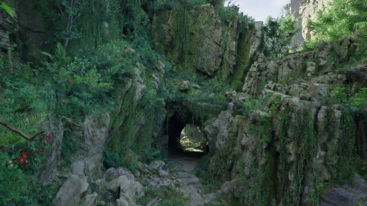 Vibrant cave entrance surrounded by lush greenery in a serene landscape