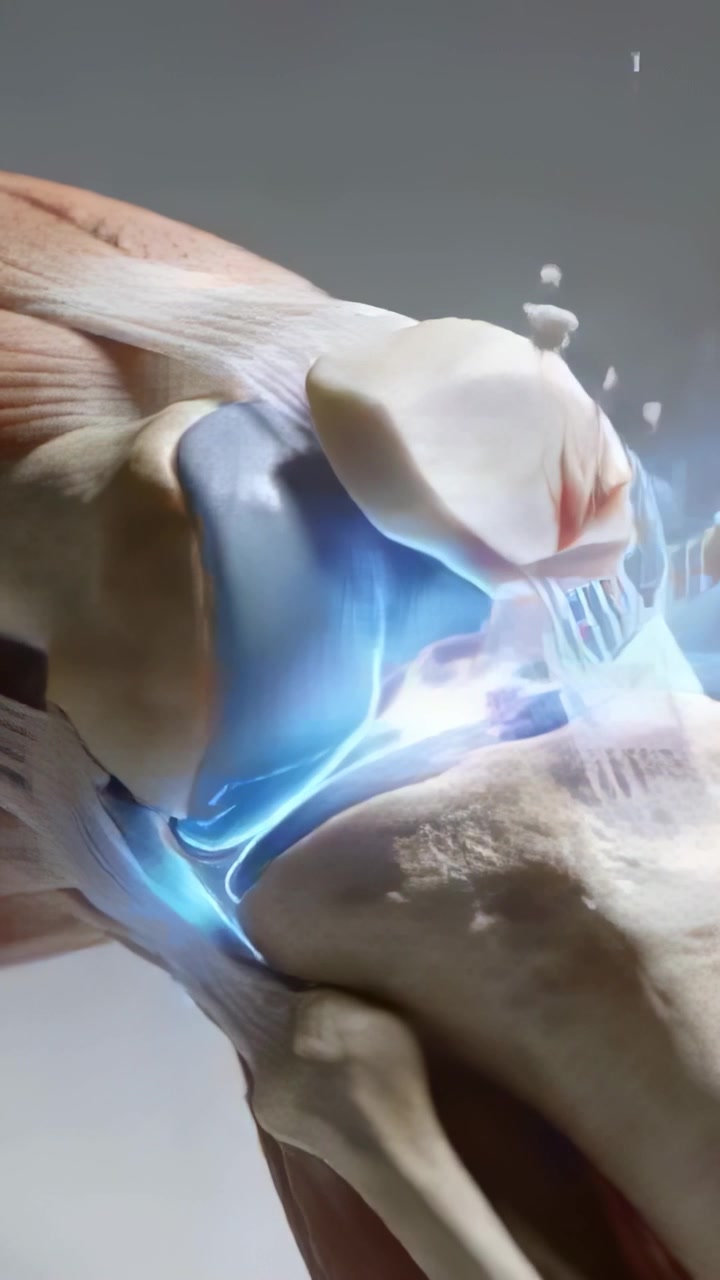 Vertical video: Showing lateral knee tearing cartilage with bones in studio from rising blue glow