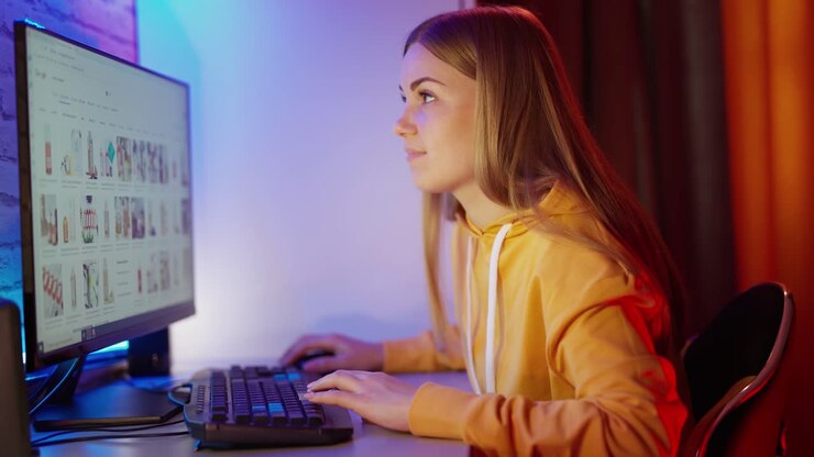Side view of a girl working on a computer. Attractive young woman sitting in front of a monitor and looking for some information.