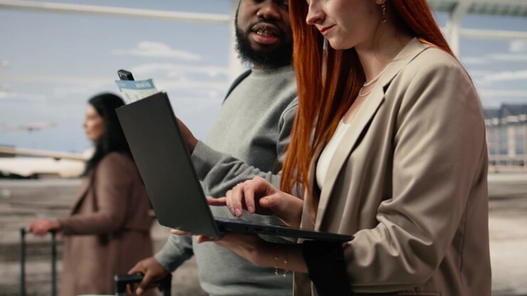 Close up of passengers walking in airport hub, using laptop device