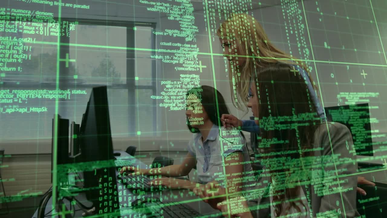 Instructor entering computer training and guiding student coding review with animated code lines