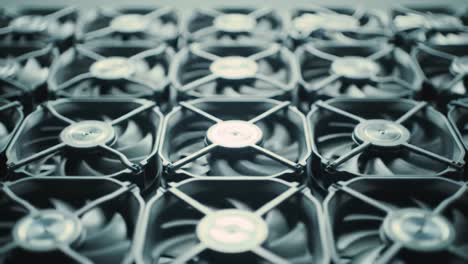 close-up of a large array of computer fans