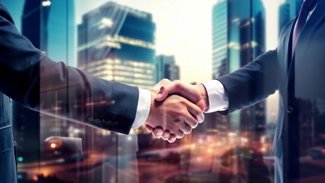 Empresários Apertando as Mãos Contra um Horizonte de Cidade Moderna