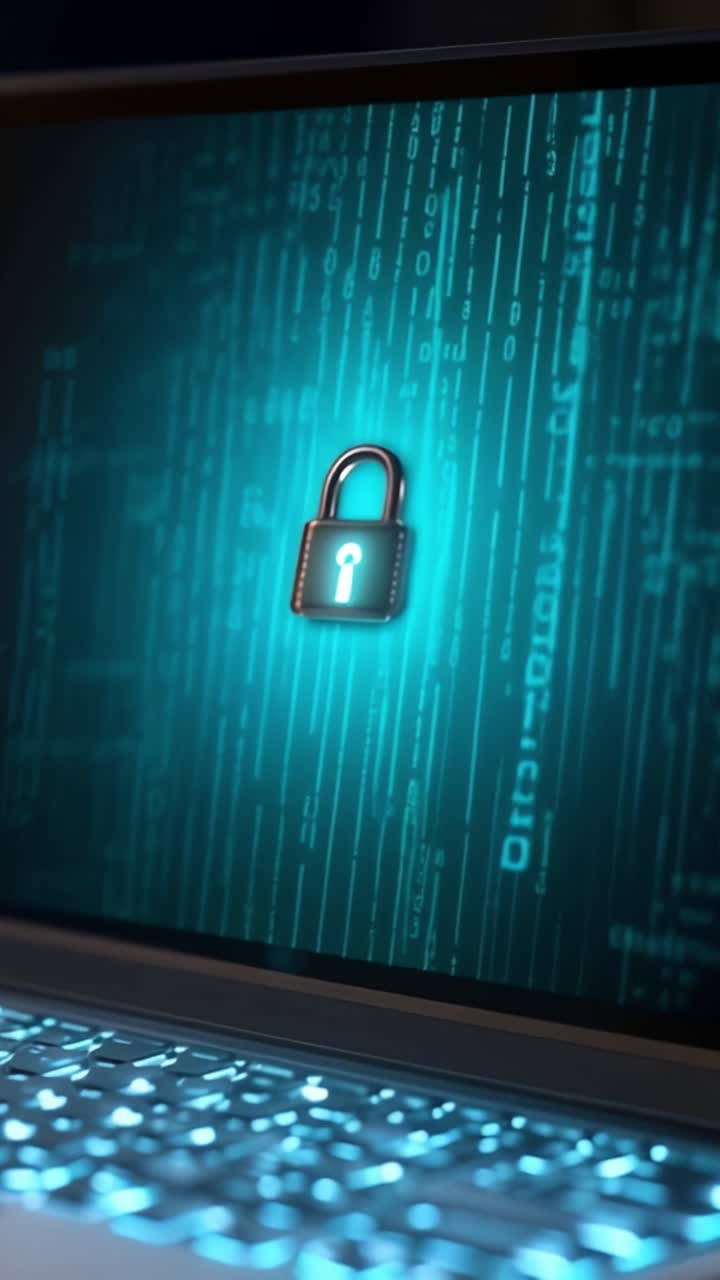Concetto di sicurezza digitale: protezione dei dati con tecniche di crittografia avanzate su un display di laptop illuminato da uno sfondo di luce blu.
