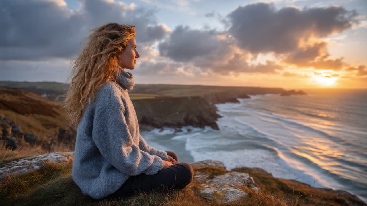 A Serene Moment of Reflection: A Woman Meditating on a Coastal Cliff at Sunset, Embracing the Tranquil Beauty of Nature as Waves Gently Crash Below