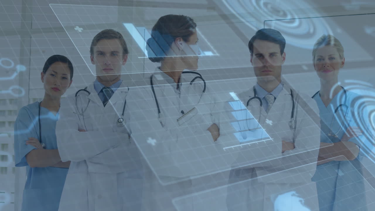 In hospital, medical professionals standing with digital data animation overlay