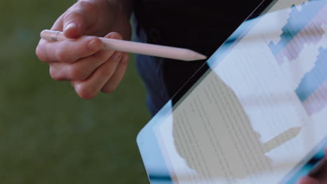 business woman presenting financial data using tablet computer showing marketing research on screen in office meeting close up