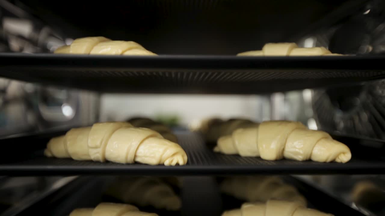 Fresh croissants on trays in bakery proofing rack, dough rising before baking, selective focus, shallow depth of field