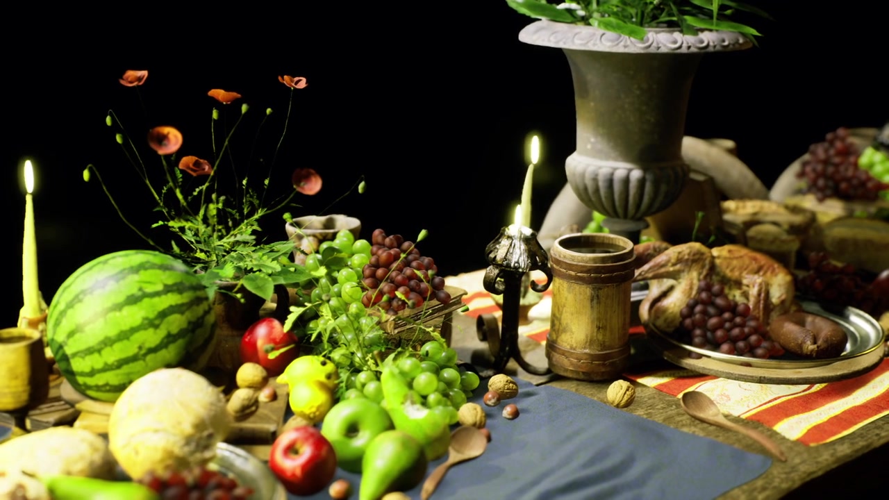 Frutta e decorazioni: presentazione decorativa di frutta con stoviglie ornate.