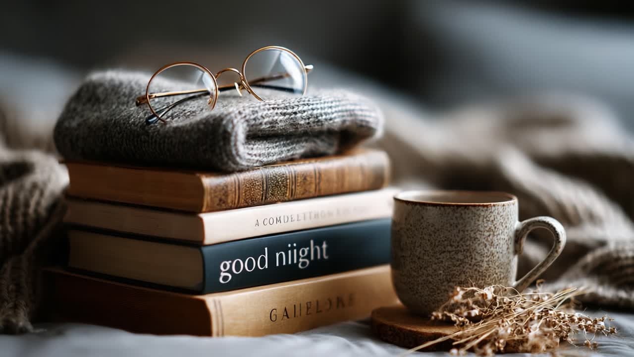 Un'immagine accogliente e invitante che mostra una pila di libri sormontata da un morbido maglione, fiori secchi decorativi e una tazza calda, creando l'ambiente perfetto per una serata rilassante in casa