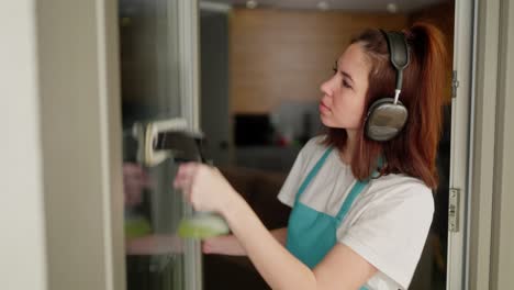 una chica confiada, morena, limpiadora con auriculares inalámbricos negros y una camiseta blanca con un delantal azul, limpia una puerta de vidrio y escucha música mientras limpia de llamada en un apartamento moderno.