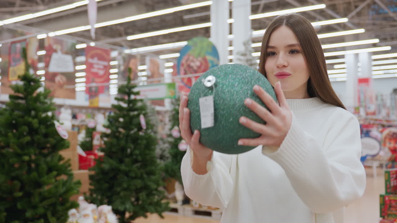 Young lady in a white sweater holding a large green shimmering Christmas ball ornament in a brightly lit decor store, surrounded by Christmas trees and festive decorations