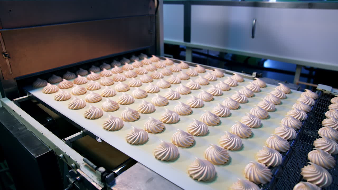 Automated conveyor line with white beautiful candies. Marshmallow sweets put in rows on the conveyor belt of modern confectionery.