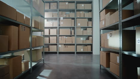 warehouse interior with cardboard boxes on shelves