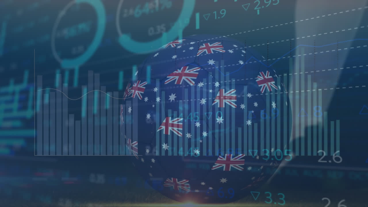 Animation of data processing and football with flag of australia over soccer player kicking