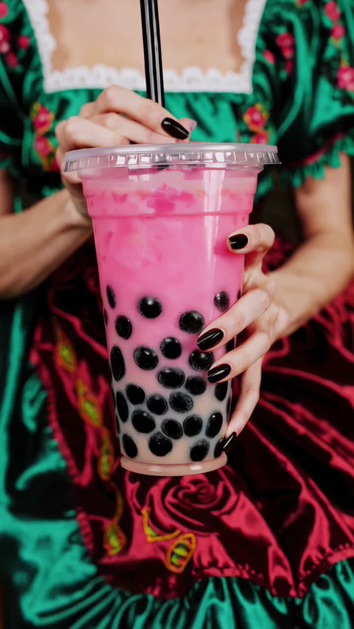 Woman in Frida Kahlo Inspired Dress Drinking Bubble Tea