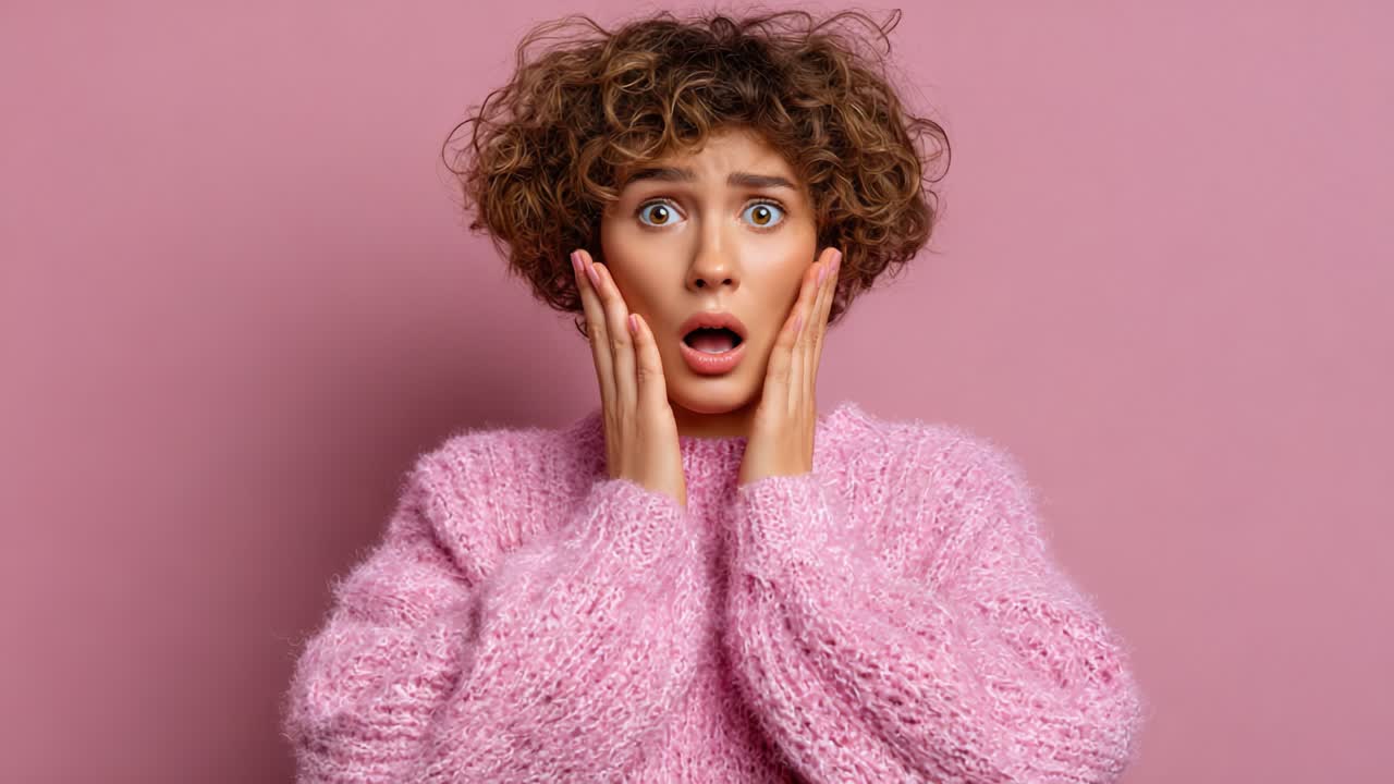 A Surprised Woman in a Cozy Pink Sweater Expressing Shock and Uncertainty Against a Soft Pink Background in Two Captivating Frames