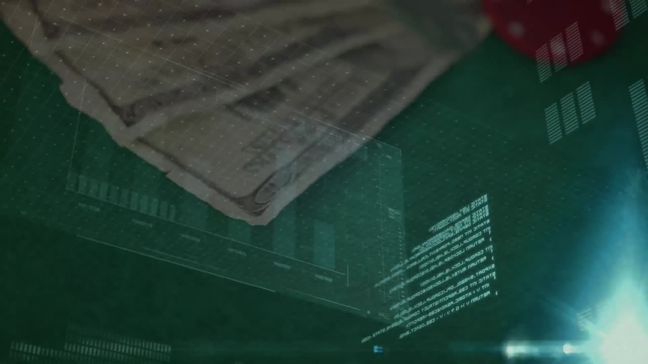 animación del procesamiento de datos sobre billetes de dólares estadounidenses y fichas de juego de casino