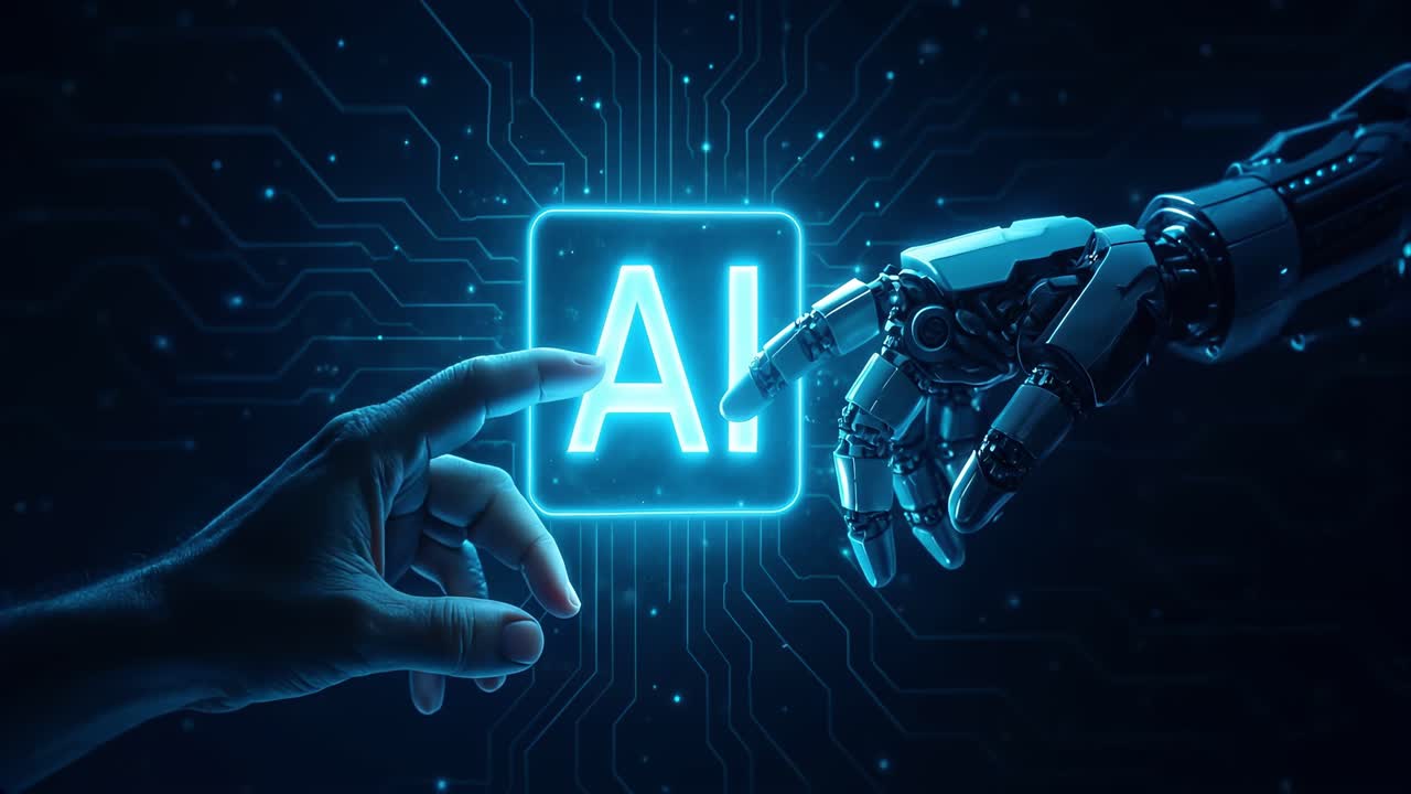 Futuristic video concept of AI interaction Aerial view of human and robotic hands reaching