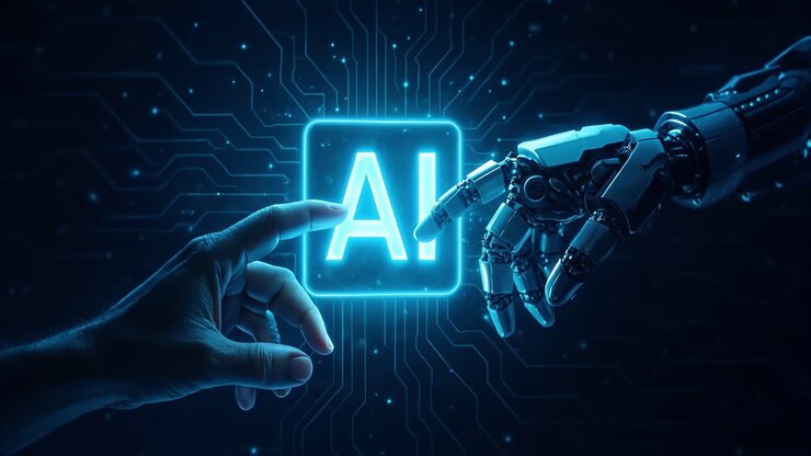 Futuristic video concept of AI interaction Aerial view of human and robotic hands reaching