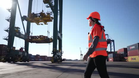 a safety-conscious worker in high-visibility gear navigates a busy cargo port as heavy machinery operates nearby, ensuring efficient transport operations