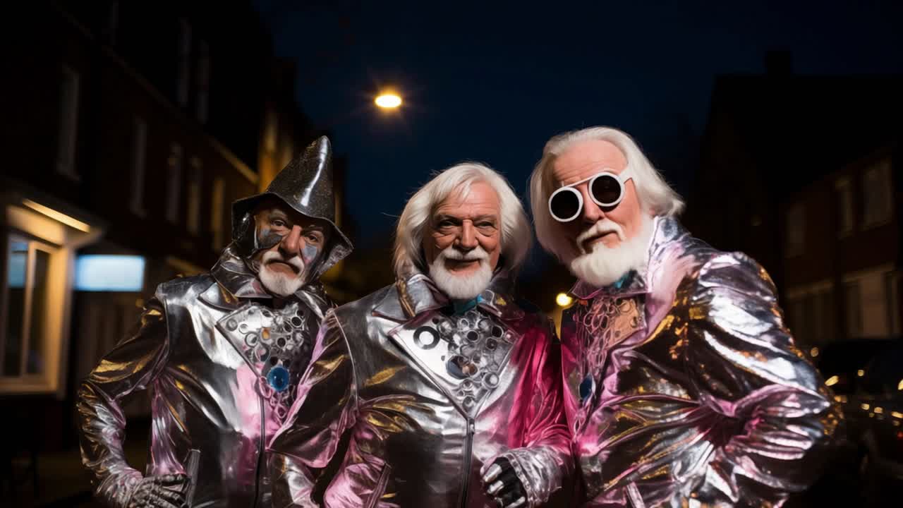 Three eccentric senior men, dressed in extravagant silver and pink costumes, posing confidently on a vibrant city street at night, exuding trendy and fashionable vibes