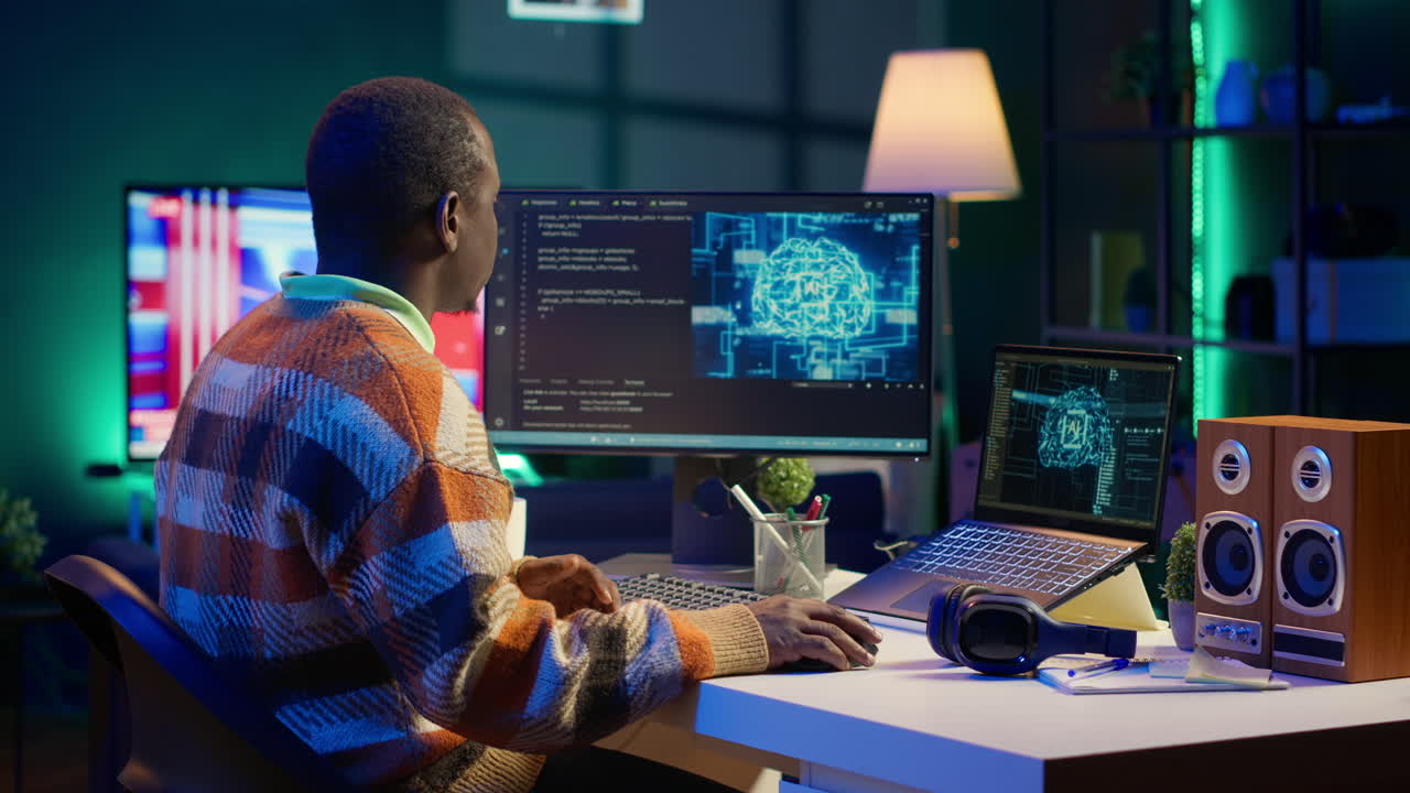 Man Coding Artificial Intelligence on Computer