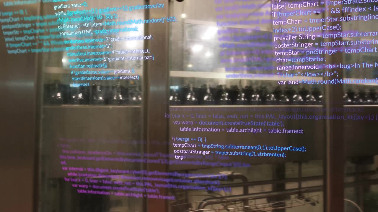Upon overlay activation, automated bottling conveyors moving bottles through washer displaying code
