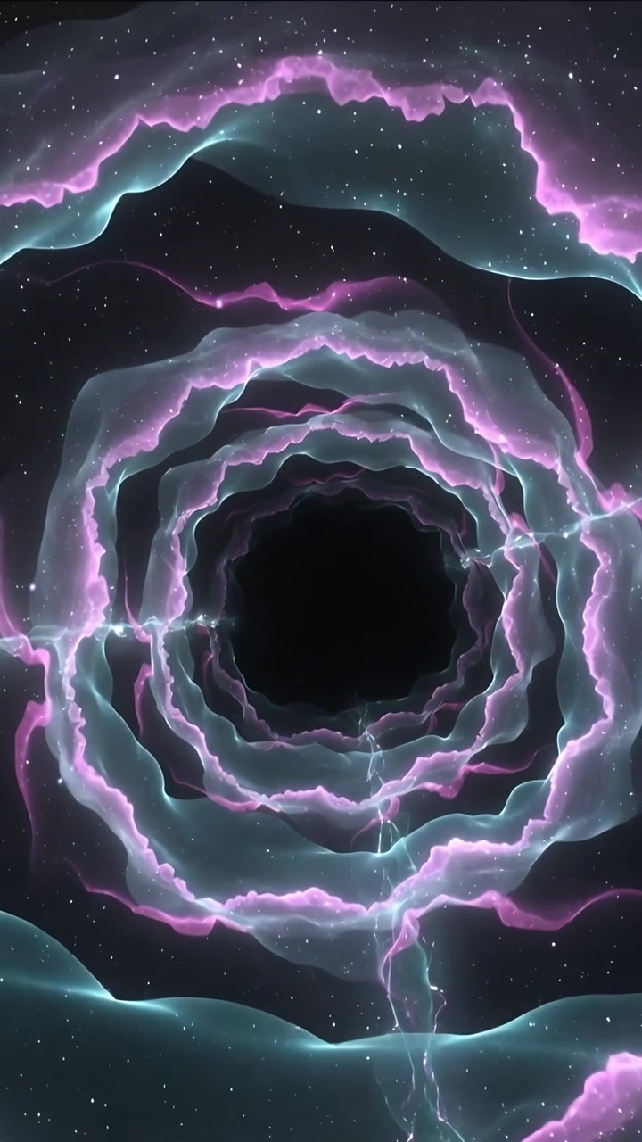 Video verticale: Filamento scintillante che crea anelli di plasma che pulsano e si piegano verso un vuoto centrale nello spazio.