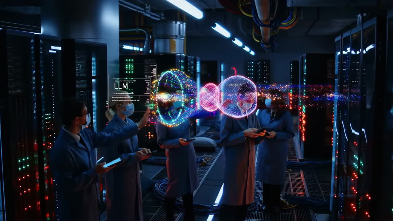 Scientists Interacting with LLM Holograms in a Futuristic Data Center