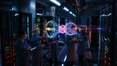 scientists interacting with llm holograms in a futuristic data center