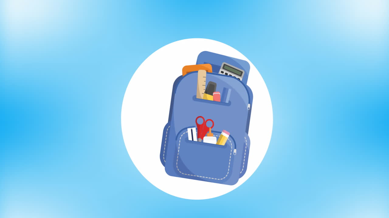 Animasi ikon tas sekolah di atas latar belakang biru
