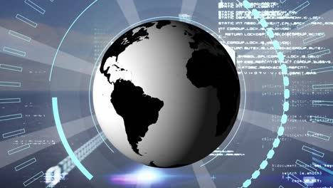 Animation-of-spinning-globe-over-round-scanner-and-data-processing-against-grey-background