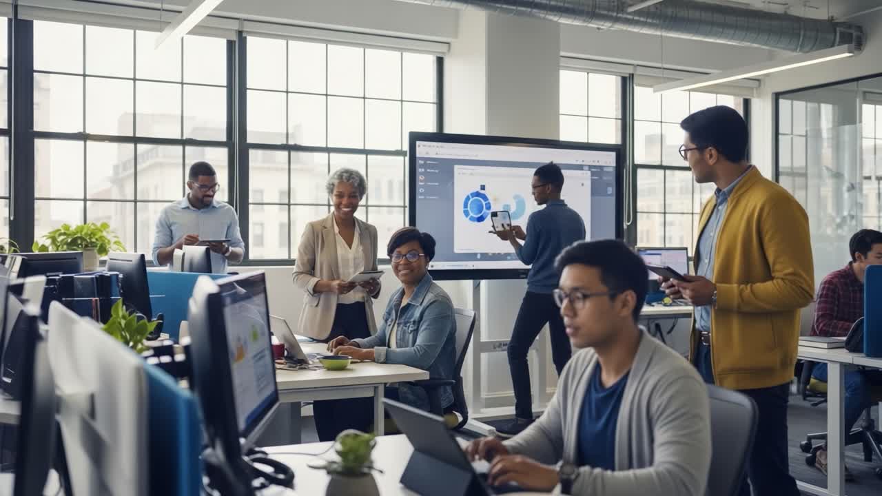 Diverse team of professionals collaborating in a modern open-plan ...