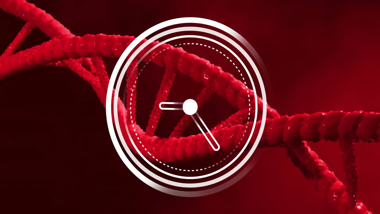 Animation of moving clock over dna strand on red background
