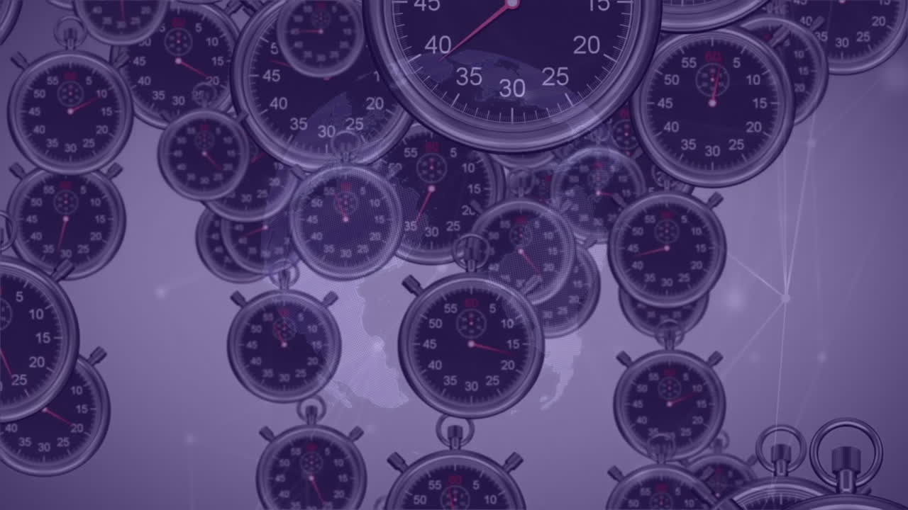 Animation of stopwatches showing times with gears on abstract purple background