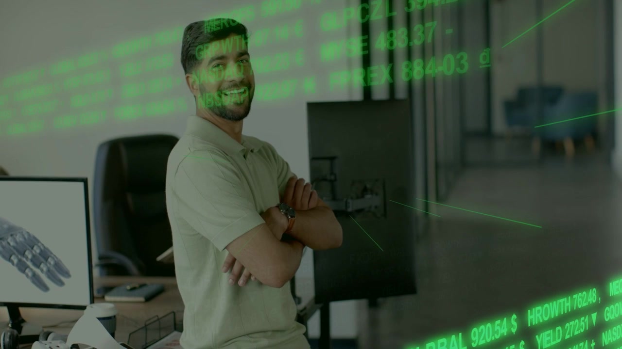 Man standing watching green market ticker shifting smiling clapping folding arms reacting to gains