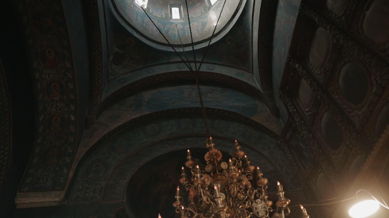Interior Of The Frescoed Dome Of The Restored Monastery Of Mera In Vrancea, Romania. Tilt-up Shot