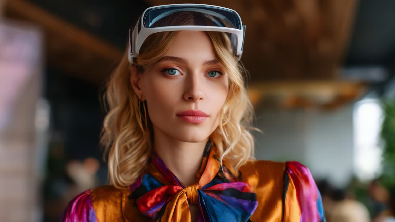 Fængslende portræt af en fashionable model, der bærer futuristiske, smarte briller i stilfulde omgivelser, som blander teknologi med moderne elegance