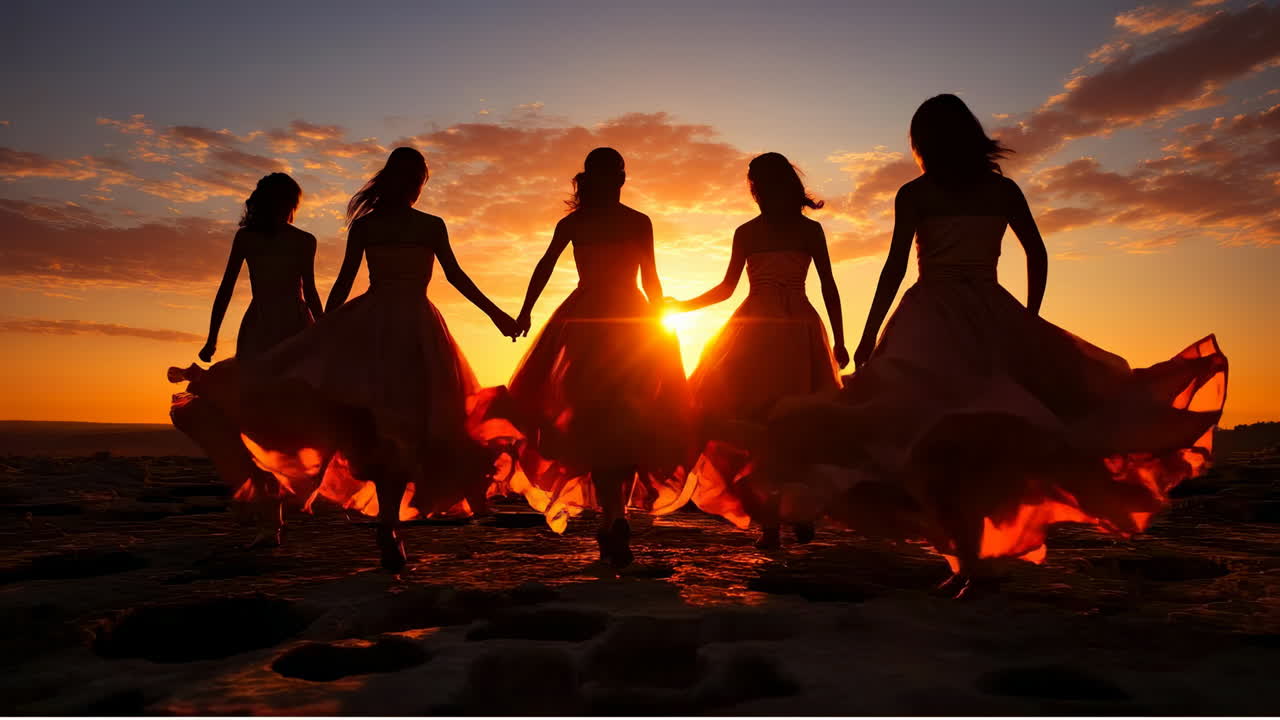 Friends walk together at sunset. Five friends in long dresses hold hands while walking at sunset, creating a beautiful silhouette against the sky