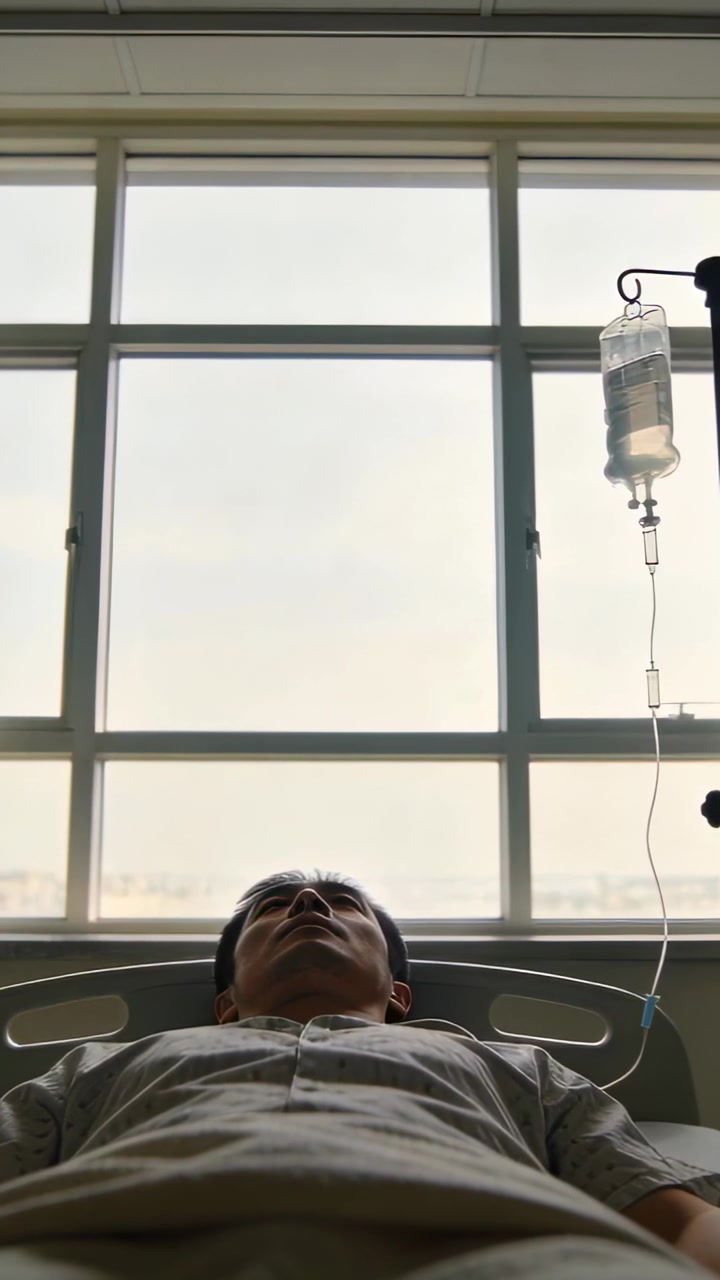 Video vertical: Paciente masculino respirando con bata, moviendo la cabeza en una cama de hospital junto a la ventana con suero.