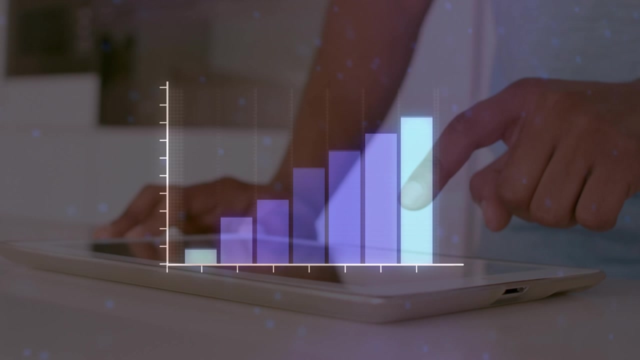 Animation of statistical data processing over mid section of man using digital tablet