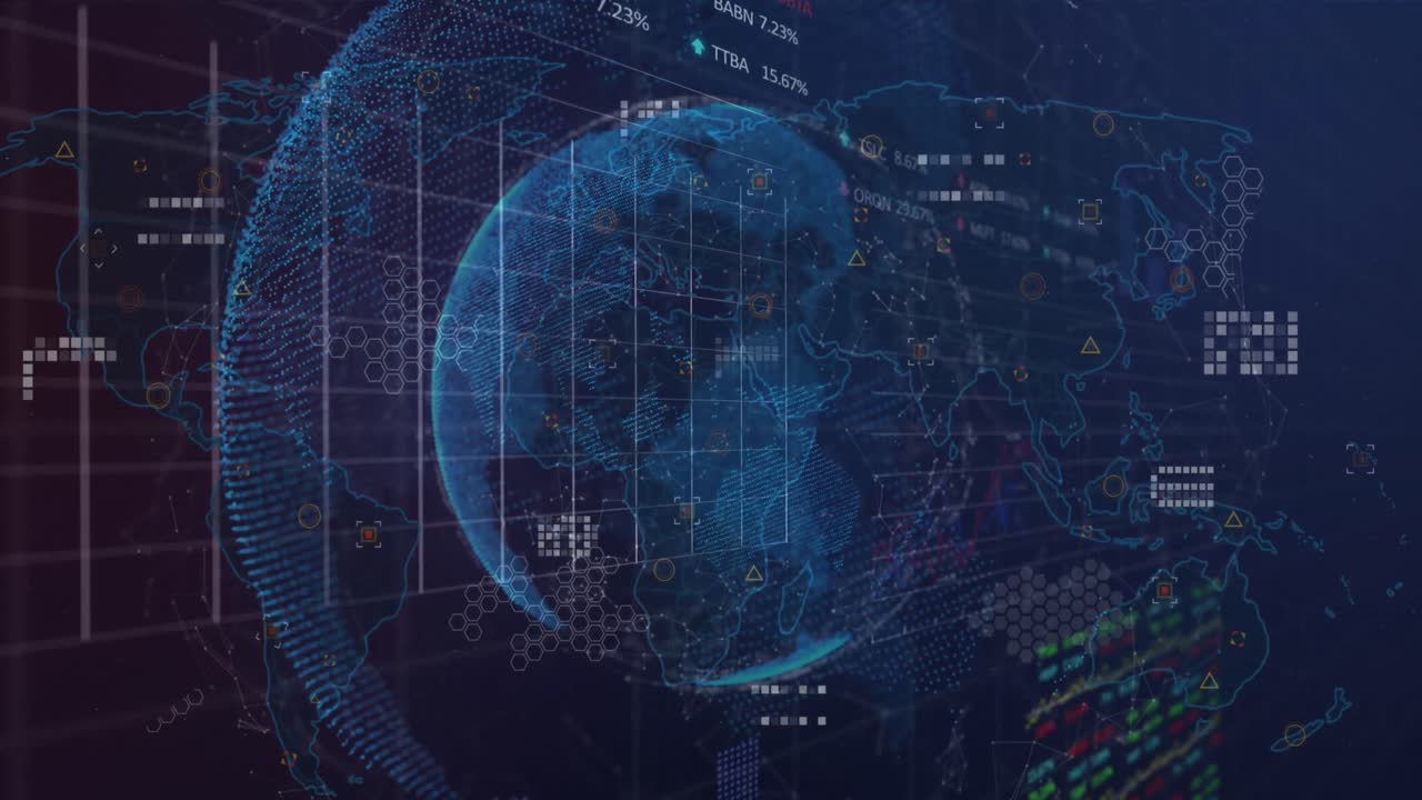 Animation of graphs and trading board with circuit board pattern, connected dots on globe over map