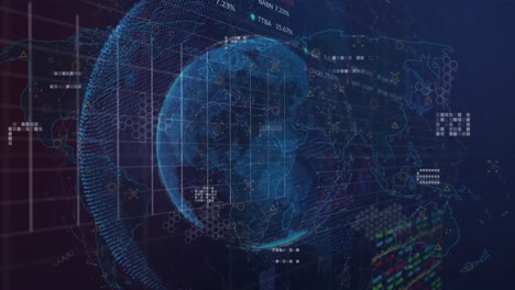 Animación-De-Gráficos-Y-Tablero-Comercial-Con-Patrón-De-Placa-De-Circuito,-Puntos-Conectados-En-El-Globo-Sobre-El-Mapa