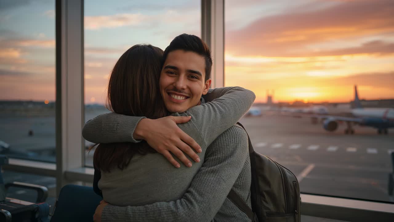 Coppia riunita che si abbraccia calorosamente al gate dell'aeroporto, con grande finestra, tramonto, zaino