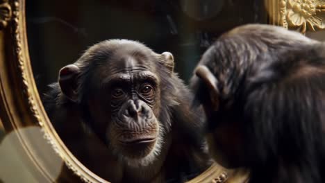 a thoughtful chimpanzee engaged in self-reflection while gazing into a mirror, capturing the essence of introspection and awareness in nature